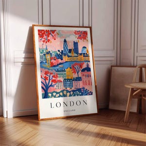 Peut inclure: Une illustration color&eacute;e de l'horizon de Londres avec des fleurs de cerisier roses et le texte "LONDON ENGLAND".