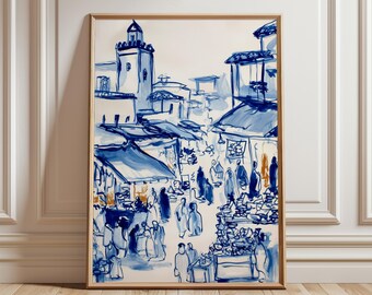 Marrakech Market Poster | Blue Sketch Moroccan Street Scene | Travel Wall Art Print