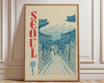 Seoul Korea Poster Print | Bukchon Hanok Village Line Art | Vintage Korean Travel Wall Decor