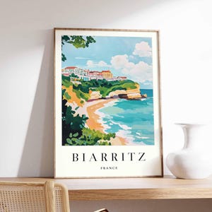 Póster de Biarritz, impresión de viaje a Francia, póster de ciudad costera, arte con vistas al océano Atlántico, decoración de un pueblo surfero, arte vasco francés, regalo de viaje a Francia