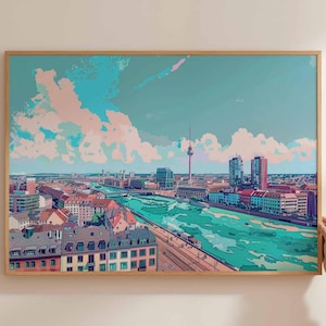 Düsseldorf poster, Duitsland reisprint, Duitse stad muurkunst, Rijn decor, Düsseldorf reiskunst, Europese stadsgezicht print