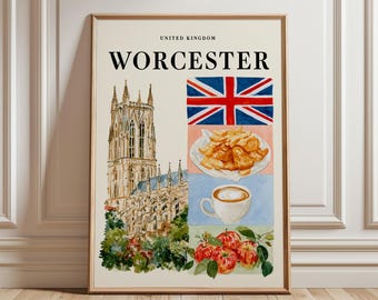 Worcester Travel Poster | United Kingdom City Print | British Landmark Wall Art