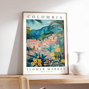 Kolumbien Blumenmarkt Poster, Kolumbien Druck, kolumbianische Blumenwandkunst, Kolumbien Blumendekor, botanischer Druck, Südamerika Reisekunst