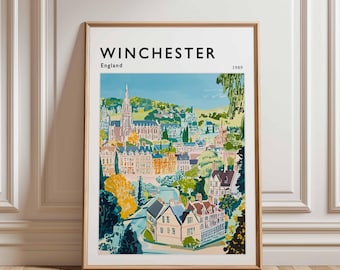 Poster di viaggio di Winchester, Inghilterra: stampa artistica in bianco e nero del Regno Unito
