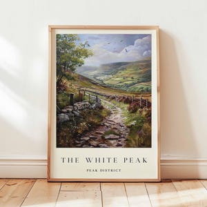 The White Peak poster, Peak District Travel Print, Derbyshire Wall Art, UK landschapsdecor, Engelse platteland print, UK Travel Art