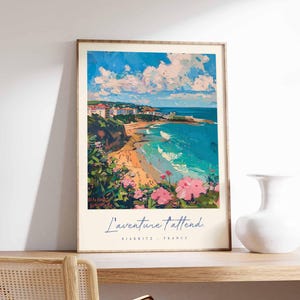 Póster de Biarritz, impresión de viaje a Francia, póster de ciudad costera, arte con vistas al océano Atlántico, decoración de un pueblo surfero, arte vasco francés, regalo de viaje a Francia