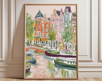 Amsterdam Gracht Poster | Bunte Stadtbild Kunst | Holländische Architektur & Boote | Lebendiges Urbanes Wanddekor