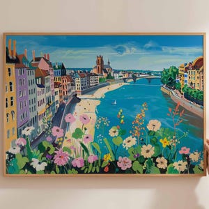 Düsseldorf poster, Duitsland reisprint, Duitse stad muurkunst, Rijn decor, Düsseldorf reiskunst, Europese stadsgezicht print