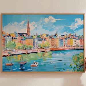 Düsseldorf poster, Duitsland reisprint, Duitse stad muurkunst, Rijn decor, Düsseldorf reiskunst, Europese stadsgezicht print