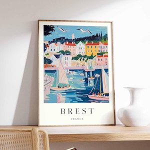 Póster de Brest, impresión de viaje a Francia, impresión artística de ciudad portuaria, arte mural costero francés, decoración con escena marítima de Bretaña, regalo de viaje a Francia
