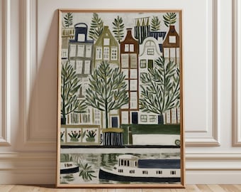 Amsterdam Canal Poster | Green Cityscape Art | Dutch Houses & Trees | Modern Urban Wall Decor