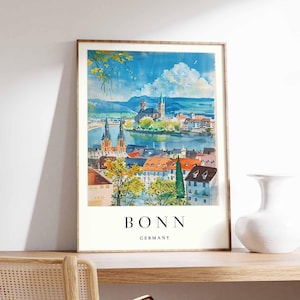Cartaz de Bonn, Impressão de viagem pela Alemanha, Arte de parede da Renânia do Norte-Vestfália, Decoração de cidade alemã, Impressão do rio Reno, Presente de viagem pela Europa, Arte de Bonn