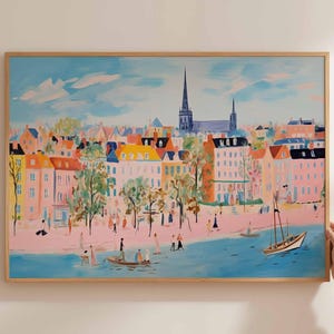 Düsseldorf poster, Duitsland reisprint, Duitse stad muurkunst, Rijn decor, Düsseldorf reiskunst, Europese stadsgezicht print