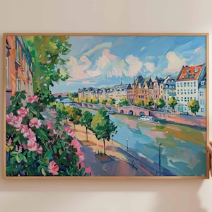 Düsseldorf poster, Duitsland reisprint, Duitse stad muurkunst, Rijn decor, Düsseldorf reiskunst, Europese stadsgezicht print