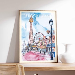 Blackpool Poster, England Travel Print, Lancashire Wall Art, Blackpool Seaside Decor, UK Beach Gift Art, Blackpool Tower Print, UK Poster