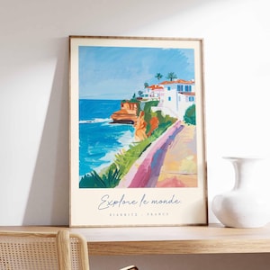 Póster de Biarritz, impresión de viaje a Francia, póster de ciudad costera, arte con vistas al océano Atlántico, decoración de un pueblo surfero, arte vasco francés, regalo de viaje a Francia