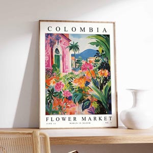 Kolumbien Blumenmarkt Poster, Kolumbien Druck, kolumbianische Blumenwandkunst, Kolumbien Blumendekor, botanischer Druck, Südamerika Reisekunst