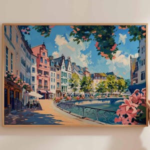 Düsseldorf poster, Duitsland reisprint, Duitse stad muurkunst, Rijn decor, Düsseldorf reiskunst, Europese stadsgezicht print