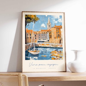 Póster de La Rochelle, impresión de viaje a Francia, impresión de ciudad portuaria, decoración de pueblo costero, arte con vista al mar, póster de ciudad marítima, regalo de viaje a Francia