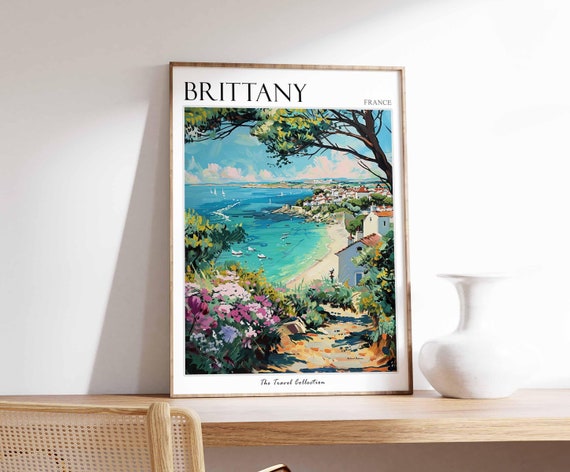 Bretagne フランス語 ブリュターニュ 旅 ガイドブック イラスト 洋書 ブルターニュ フランス 旅行ポスター：海岸沿いのアートプリント