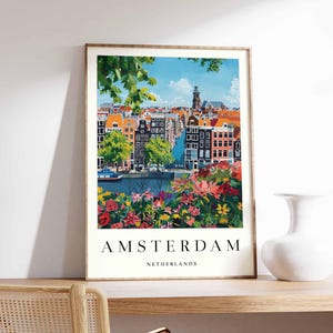Amsterdam Poster, Amsterdam Canal Print, Netherlands Travel Poster, Dutch City Wall Art, Bicycle Print, European City Decor
