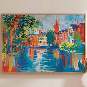 Düsseldorf poster, Duitsland reisprint, Duitse stad muurkunst, Rijn decor, Düsseldorf reiskunst, Europese stadsgezicht print