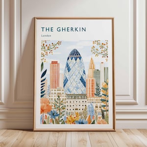 Gherkin Building Poster, London Travel Poster, Gherkin Wall Art, 30 St Mary Axe Print, UK Landmark Poster, British Art, London Skyline Decor