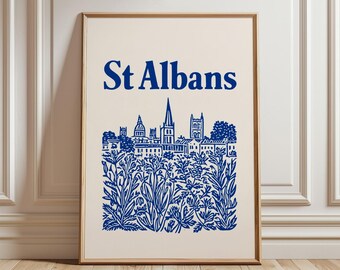 St Albans Travel Poster | Blue City Skyline Wall Art | Minimalist UK Landmark Print