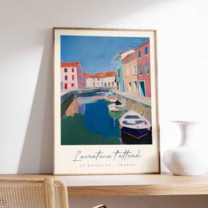 Póster de La Rochelle, impresión de viaje a Francia, impresión de ciudad portuaria, decoración de pueblo costero, arte con vista al mar, póster de ciudad marítima, regalo de viaje a Francia