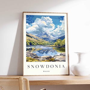 Pôster de Snowdonia, Impressão de viagem de Snowdonia, Pôster de viagem de Gales, Decoração galesa, Arte de viagem britânica, Impressão de campo, Arte de Snowdonia