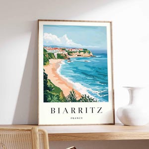 Póster de Biarritz, impresión de viaje a Francia, póster de ciudad costera, arte con vistas al océano Atlántico, decoración de un pueblo surfero, arte vasco francés, regalo de viaje a Francia