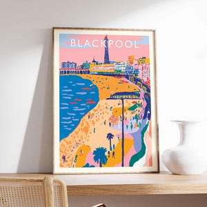 Blackpool Poster, England Travel Print, Lancashire Wall Art, Blackpool Seaside Decor, UK Beach Gift Art, Blackpool Tower Print, UK Poster