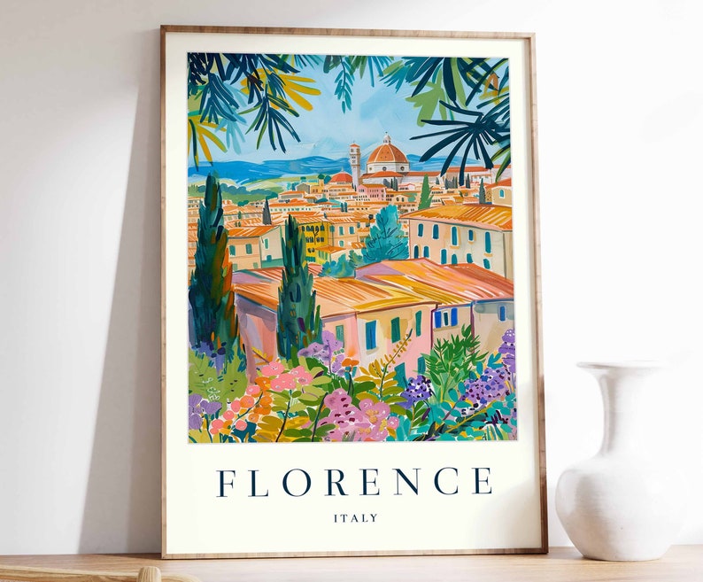K&ouml;nnte beinhalten: Ein farbenfrohes Gem&auml;lde einer Stadtlandschaft mit einem gro&szlig;en Geb&auml;ude im Hintergrund. Das Gem&auml;lde ist in einem Holzrahmen gerahmt und tr&auml;gt den Text "FLORENCE ITALY" am unteren Rand.