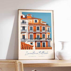 Póster de Biarritz, impresión de viaje a Francia, póster de ciudad costera, arte con vistas al océano Atlántico, decoración de un pueblo surfero, arte vasco francés, regalo de viaje a Francia