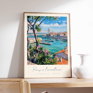 Póster de La Rochelle, impresión de viaje a Francia, impresión de ciudad portuaria, decoración de pueblo costero, arte con vista al mar, póster de ciudad marítima, regalo de viaje a Francia