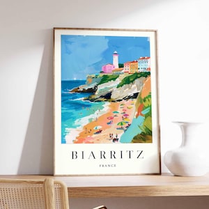 Póster de Biarritz, impresión de viaje a Francia, arte mural vasco francés, decoración de la costa atlántica, póster de surf de Biarritz, impresión de playa europea para el hogar.