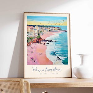 Póster de Biarritz, impresión de viaje a Francia, póster de ciudad costera, arte con vistas al océano Atlántico, decoración de un pueblo surfero, arte vasco francés, regalo de viaje a Francia