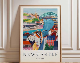 Newcastle England Travel Poster: Tyne Bridges Cityscape Art
