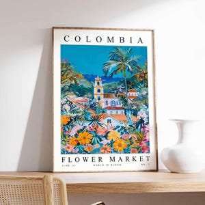 Kolumbien Blumenmarkt Poster, Kolumbien Druck, kolumbianische Blumenwandkunst, Kolumbien Blumendekor, botanischer Druck, Südamerika Reisekunst