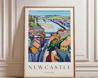 Newcastle England Travel Poster: Tyne Bridges Cityscape Art