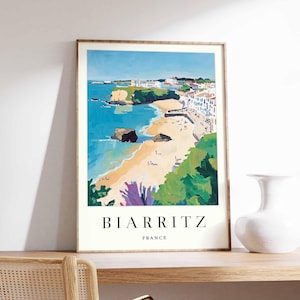 Póster de Biarritz, impresión de viaje a Francia, póster de ciudad costera, arte con vistas al océano Atlántico, decoración de un pueblo surfero, arte vasco francés, regalo de viaje a Francia