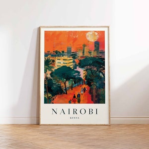 May include: Framed art print of Nairobi, Kenya, featuring a vibrant cityscape under an orange sky with a full moon. The artwork depicts buildings, trees, and people walking on a path, with the city name and country below.