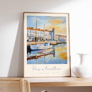 Póster de La Rochelle, impresión de viaje a Francia, impresión de ciudad portuaria, decoración de pueblo costero, arte con vista al mar, póster de ciudad marítima, regalo de viaje a Francia