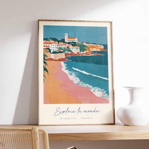 Póster de Biarritz, impresión de viaje a Francia, póster de ciudad costera, arte con vistas al océano Atlántico, decoración de un pueblo surfero, arte vasco francés, regalo de viaje a Francia