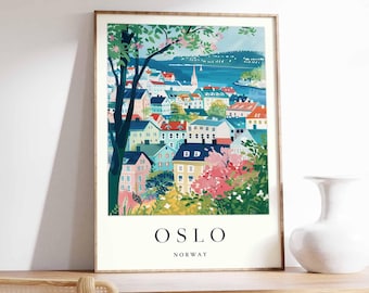 Impresión de Oslo, Noruega: Póster de viaje con paisaje urbano escandinavo