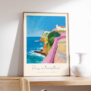 Póster de Biarritz, impresión de viaje a Francia, póster de ciudad costera, arte con vistas al océano Atlántico, decoración de un pueblo surfero, arte vasco francés, regalo de viaje a Francia