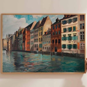 Düsseldorf poster, Duitsland reisprint, Duitse stad muurkunst, Rijn decor, Düsseldorf reiskunst, Europese stadsgezicht print