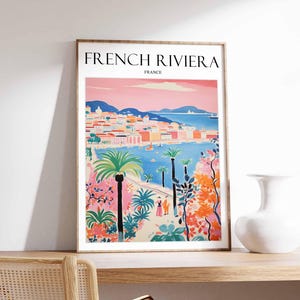 Póster de la Riviera Francesa, Impresión de viaje a la Riviera Francesa, Póster de viaje francés, Decoración tropical, Arte playero, Regalo de viaje, Estampado floral, Arte costero