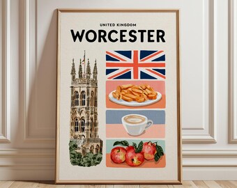 Worcester Travel Print | United Kingdom City Poster | British Landmark Wall Art