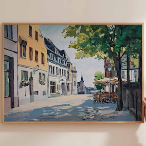 Düsseldorf poster, Duitsland reisprint, Duitse stad muurkunst, Rijn decor, Düsseldorf reiskunst, Europese stadsgezicht print